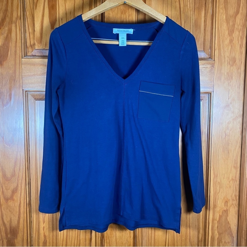 White House Black Market Blue V-neck Long Sleeve Blouse with Breast Pocket